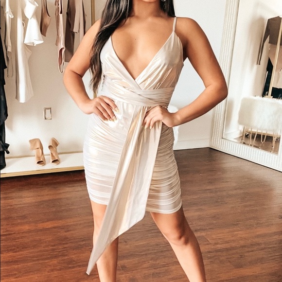 Beige Metallic Spaghetti Strap Mini Dress - Picture 2 of 6